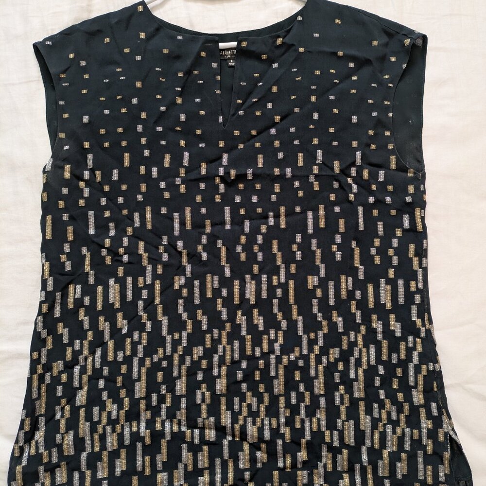 Lafayette 148 deep teal patterned cap sleeve blouse v neck